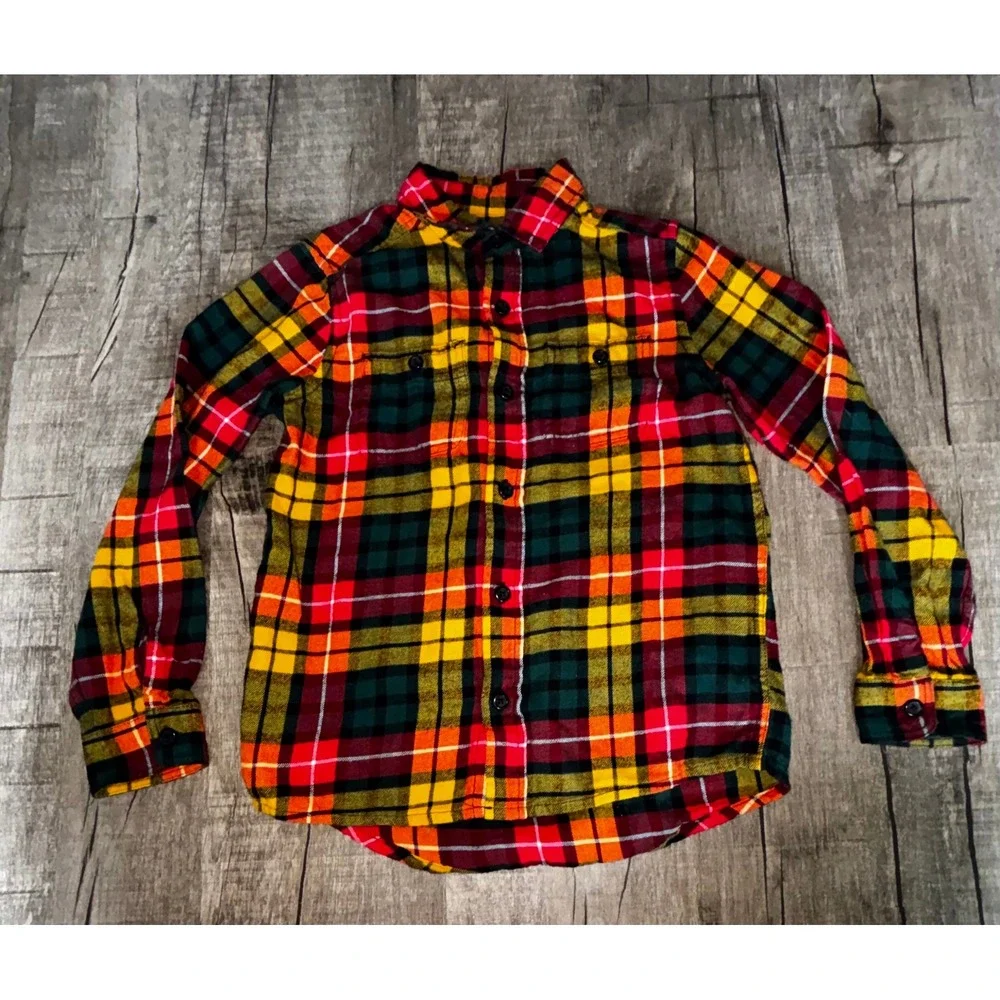 The Children's Place Boys Plaid Flannel Shirt Red Yellow Green Size 7/8 M